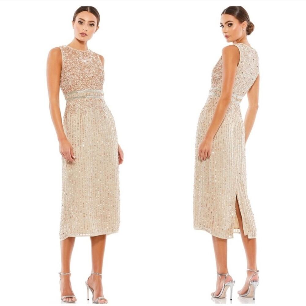 Mac Duggal 10509 Sleeveless High Neck Sequin Midi Sheath Dress Nude Gold Size 10